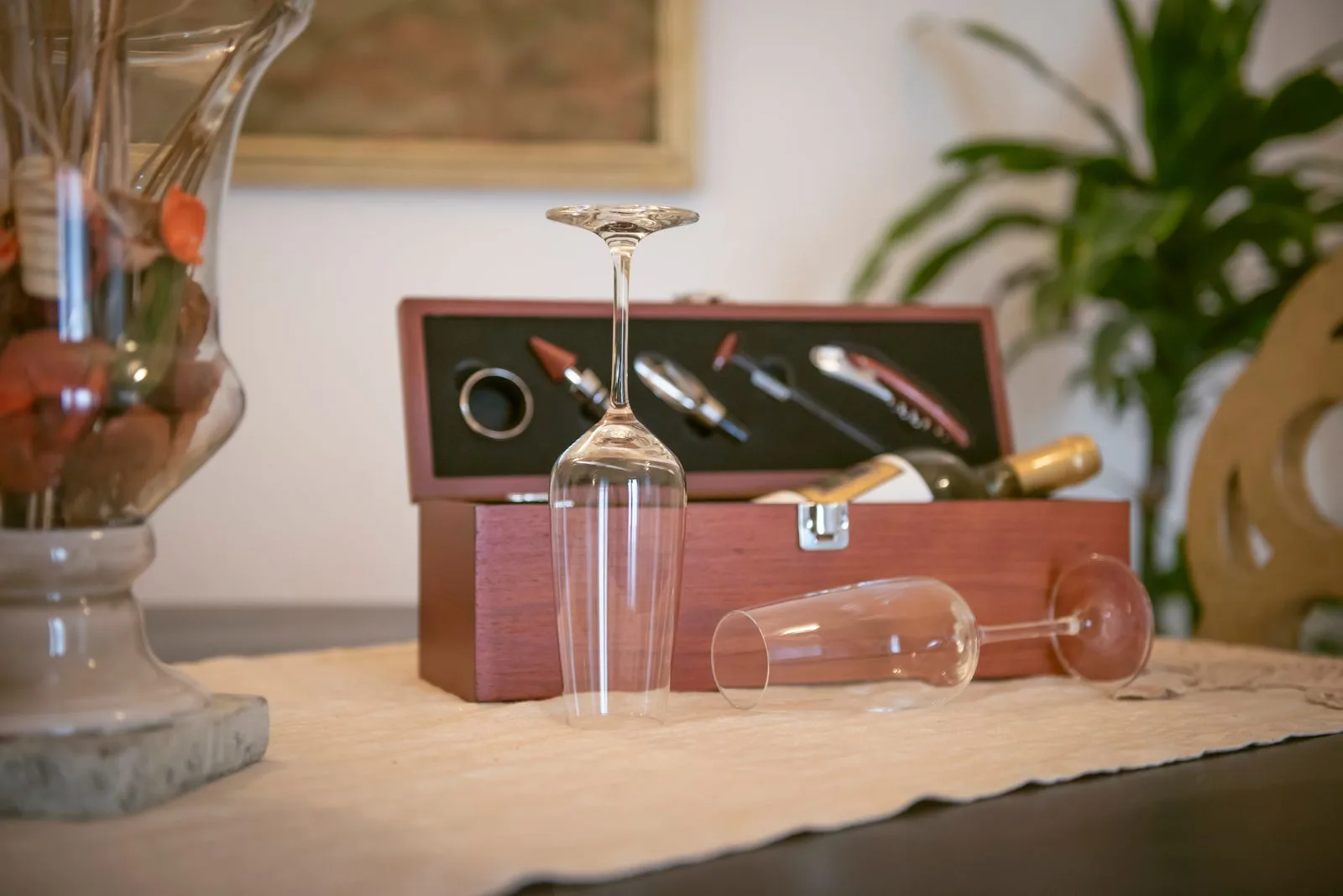 Wine and glasses prepared for guests
